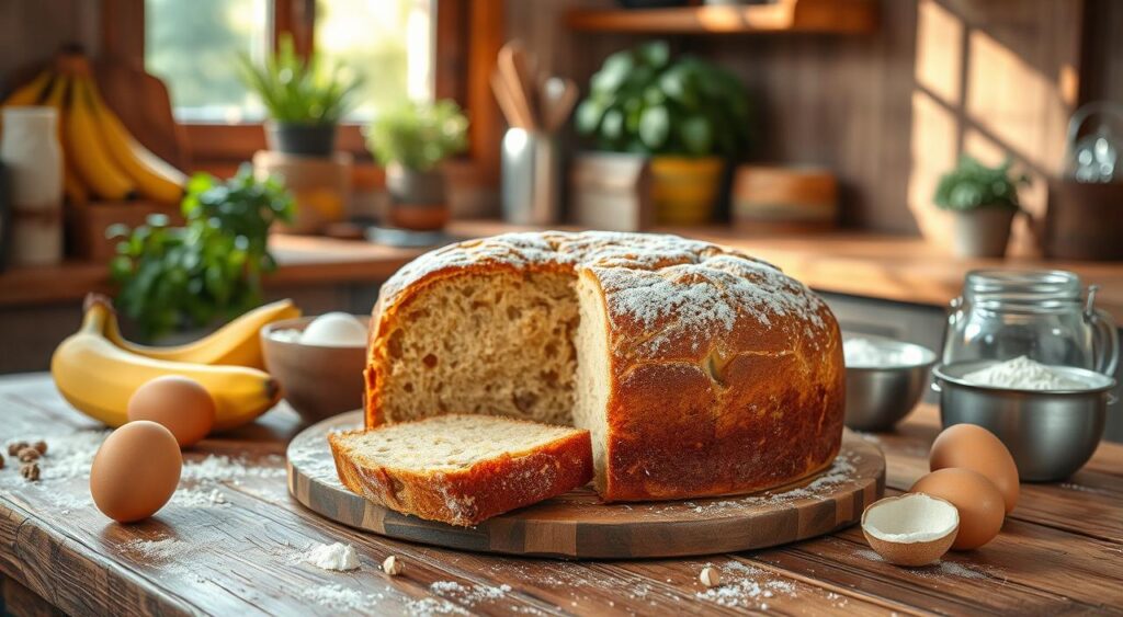 A beautiful, freshly baked banana cake is the focal point of this image, showcasing its moist and fluffy texture. The cake sits elegantly on a rustic wooden table, with a few slices cut out to reveal its soft, golden interior. Surrounding the cake, there are ingredients like ripe bananas, eggs, and flour artistically arranged to enhance the baking theme. A warm, inviting kitchen setting is visible in the background with soft, natural light streaming in through a window, casting gentle shadows that add depth. A hint of greenery from potted herbs brings a fresh vibe, while the overall atmosphere is cozy and inviting, ideal for a delightful homemade dessert experience.