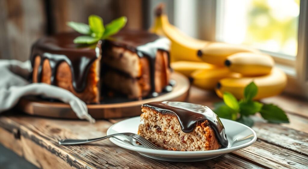 A beautifully arranged banana cake topped with a glossy, rich chocolate ganache, placed on a rustic wooden table. In the foreground, a slice of the cake is delicately plated with a fork beside it, showcasing the moist texture and layers. In the middle background, there's a vibrant assortment of fresh bananas and a sprig of mint, adding a pop of color and freshness. Soft natural light filters through a nearby window, creating a warm, inviting atmosphere. The scene is captured with a shallow depth of field, emphasizing the cake while softly blurring the background elements. This image conveys a cozy, delightful moment perfect for gatherings and sharing joyful experiences.