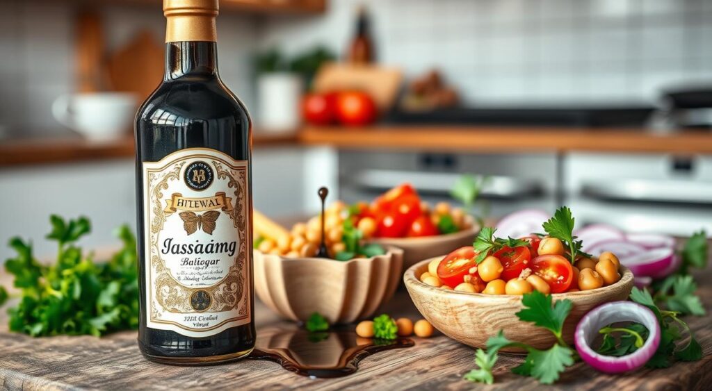 A beautifully arranged bottle of high-quality balsamic vinegar sits elegantly on a rustic wooden table, surrounded by fresh ingredients typical of a vibrant A beautifully arranged bottle of high-quality balsamic vinegar sits elegantly on a rustic wooden table, surrounded by fresh ingredients typical of a vibrant
