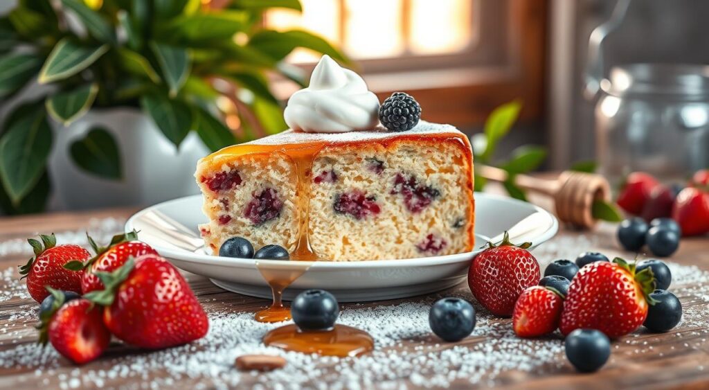 A beautifully arranged dessert scene featuring a slice of moist Greek yogurt cake, garnished with fresh berries and a dollop of cream on top. The cake is placed on an elegant white plate, with drizzling honey and powdered sugar artfully sprinkled around it. In the foreground, vibrant strawberries and blueberries add color and freshness. The middle layer includes a soft-focus backdrop of lush green leaves and hints of glowing kitchen light, creating a warm, inviting atmosphere. A rustic wooden table adds texture to the scene, while natural sunlight streams in from a nearby window, illuminating the cake. The mood is cozy and appetizing, highlighting the benefits of using Greek yogurt in baking to create a deliciously healthy dessert. A beautifully arranged dessert scene featuring a slice of moist Greek yogurt cake, garnished with fresh berries and a dollop of cream on top. The cake is placed on an elegant white plate, with drizzling honey and powdered sugar artfully sprinkled around it. In the foreground, vibrant strawberries and blueberries add color and freshness. The middle layer includes a soft-focus backdrop of lush green leaves and hints of glowing kitchen light, creating a warm, inviting atmosphere. A rustic wooden table adds texture to the scene, while natural sunlight streams in from a nearby window, illuminating the cake. The mood is cozy and appetizing, highlighting the benefits of using Greek yogurt in baking to create a deliciously healthy dessert.