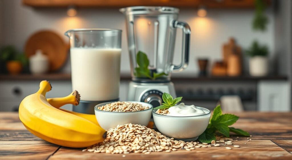 A beautifully arranged display of essential ingredients for a banana and oat smoothie, set against a soft-focus kitchen background. In the foreground, there's a ripe banana, a bowl of rolled oats, a scoop of creamy yogurt, a splash of almond milk, and a sprinkle of chia seeds, all artfully placed on a rustic wooden table. The middle layer features a glass blender ready for action, with some fresh mint leaves to add a pop of color. The background is subtly blurred, showcasing a cozy kitchen with warm lighting, conveying a homely and inviting atmosphere. The scene is illuminated by soft, natural light that enhances the textures of the ingredients, creating an appetizing and fresh vibe.