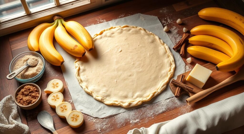 A beautifully arranged flat lay of the ingredients for a banana tart, showcasing ripe bananas, a sheet of puff pastry, brown sugar, butter, and fresh cinnamon sticks. The bananas are sliced and placed artistically, with the puff pastry rolled out neatly in the center. Surround the ingredients with kitchen tools like a wooden spatula and measuring spoons. The background features a rustic wooden table, softly lit by warm, natural light streaming in from a nearby window, creating an inviting and cozy atmosphere. The overall composition should inspire a sense of warmth and homeliness, perfect for a cooking scene.