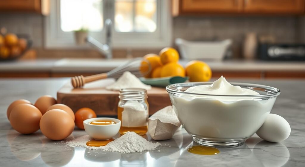 A beautifully arranged kitchen countertop displaying essential ingredients for Greek yogurt cake. In the foreground, there's a bowl of creamy Greek yogurt, surrounded by fresh eggs, granulated sugar, and a measuring cup filled with flour. A drizzle of honey in a small jar adds a touch of sweetness. In the middle, a cutting board holds ripe lemons and a pinch of baking powder, with a whisk resting beside it. The background softly features wooden cabinets and bright natural light streaming through a window, illuminating the scene and creating a warm, inviting atmosphere. The image should capture the essence of baking, showcasing the simplicity and freshness of the ingredients, evoking a cozy and delicious mood, perfect for a cooking article. A beautifully arranged kitchen countertop displaying essential ingredients for Greek yogurt cake. In the foreground, there's a bowl of creamy Greek yogurt, surrounded by fresh eggs, granulated sugar, and a measuring cup filled with flour. A drizzle of honey in a small jar adds a touch of sweetness. In the middle, a cutting board holds ripe lemons and a pinch of baking powder, with a whisk resting beside it. The background softly features wooden cabinets and bright natural light streaming through a window, illuminating the scene and creating a warm, inviting atmosphere. The image should capture the essence of baking, showcasing the simplicity and freshness of the ingredients, evoking a cozy and delicious mood, perfect for a cooking article.