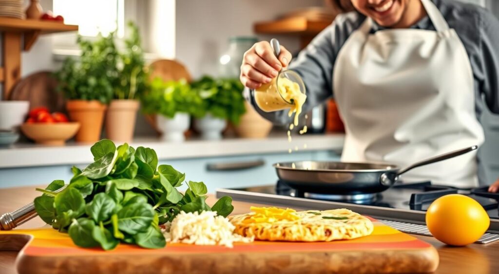 A beautifully arranged kitchen scene featuring a smiling chef preparing a spinach and cheese omelet. In the foreground, a bright, colorful cutting board displays fresh spinach leaves, grated cheese, and beaten eggs, with utensils like a whisk and spatula nearby. The chef, dressed in a smart white apron over casual attire, is skillfully pouring the egg mixture into a frying pan sizzling on a stove. The background reveals a cozy kitchen with soft natural light streaming in from a window, highlighting fresh herbs in pots and a bowl of ripe tomatoes on the counter. This warm and inviting atmosphere conveys the joy of cooking, focusing on the step-by-step process of making a healthy omelet.