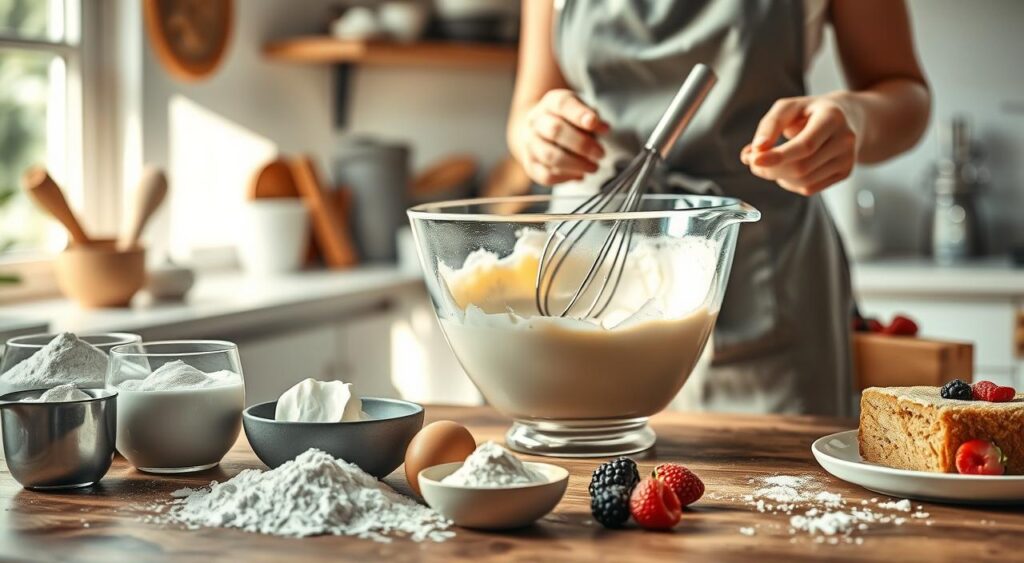 A beautifully arranged kitchen scene showcasing the step-by-step process of making a Greek yogurt cake. In the foreground, a wooden table is adorned with key ingredients: a bowl of creamy Greek yogurt, flour, sugar, eggs, baking powder, and a measuring cup. In the middle ground, a mixing bowl filled with the blended ingredients is being whisked by a person in a modest apron, whose hands are focused on the task. Light pours in from a window, creating a warm, inviting glow that highlights the texture of the ingredients. In the background, soft-focus shelves display baking tools and a plate of freshly baked Greek yogurt cake, garnished with berries. The atmosphere feels cozy and homely, capturing the joy of baking. A beautifully arranged kitchen scene showcasing the step-by-step process of making a Greek yogurt cake. In the foreground, a wooden table is adorned with key ingredients: a bowl of creamy Greek yogurt, flour, sugar, eggs, baking powder, and a measuring cup. In the middle ground, a mixing bowl filled with the blended ingredients is being whisked by a person in a modest apron, whose hands are focused on the task. Light pours in from a window, creating a warm, inviting glow that highlights the texture of the ingredients. In the background, soft-focus shelves display baking tools and a plate of freshly baked Greek yogurt cake, garnished with berries. The atmosphere feels cozy and homely, capturing the joy of baking.