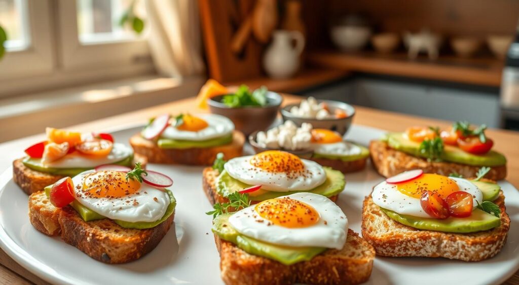 A beautifully arranged plate featuring variations of avocado toast with eggs, emphasizing a variety of toppings. In the foreground, display multiple slices of crispy, golden-brown toast, each topped with vibrant slices of creamy avocado, sunny-side-up eggs, and colorful garnishes such as cherry tomatoes, radish slices, microgreens, and a sprinkle of red pepper flakes. In the middle, include a rustic wooden table setting, complementing the dish with small bowls of additional toppings like feta cheese, smoked salmon, and fresh herbs. The background softly fades into a warm kitchen ambiance, with natural light streaming through a nearby window, casting gentle shadows. The mood should feel inviting and appetizing, perfect for a cozy brunch setting.