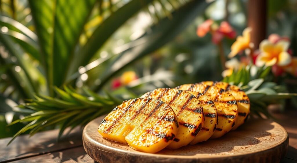 A beautifully arranged plate of grilled pineapple slices, garnished with a sprinkle of cinnamon, sits prominently in the foreground. The pineapple has a golden-brown char, glistening with caramelized sugars, while its vibrant yellow flesh contrasts against the earthy tones of the cinnamon. In the middle ground, a rustic wooden table enhances the tropical feel, with tropical foliage and flowers softly blurred in the background, hinting at an exotic environment. Sunlight filters through the leaves, casting warm, soft lighting that evokes a cozy, inviting atmosphere. The angle captures the plate slightly from above, giving a comprehensive view of the pineapple's texture and the artful arrangement. Aim for a serene and refreshing mood, perfect for showcasing the benefits of grilled pineapple with cinnamon. A beautifully arranged plate of grilled pineapple slices, garnished with a sprinkle of cinnamon, sits prominently in the foreground. The pineapple has a golden-brown char, glistening with caramelized sugars, while its vibrant yellow flesh contrasts against the earthy tones of the cinnamon. In the middle ground, a rustic wooden table enhances the tropical feel, with tropical foliage and flowers softly blurred in the background, hinting at an exotic environment. Sunlight filters through the leaves, casting warm, soft lighting that evokes a cozy, inviting atmosphere. The angle captures the plate slightly from above, giving a comprehensive view of the pineapple's texture and the artful arrangement. Aim for a serene and refreshing mood, perfect for showcasing the benefits of grilled pineapple with cinnamon.