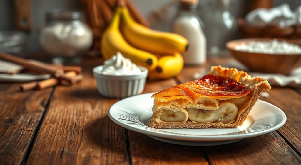 A beautifully arranged slice of banana pie with a flaky golden puff pastry crust, placed on a rustic wooden table. In the foreground, the pie is served on a delicate white porcelain plate, showing the layers of creamy banana filling and caramelized top. Soft, ambient lighting highlights the pie, creating warm reflections on the crust and gentle shadows. In the middle, a small bowl of freshly whipped cream and a few whole bananas sit invitingly beside the plate, enhancing the dish's charm. The background features a soft-focus kitchen setting with hints of fresh ingredients like flour and sugar, evoking a cozy, homey atmosphere. The overall mood is inviting and warm, perfectly capturing the essence of a delicious banana pie recipe.