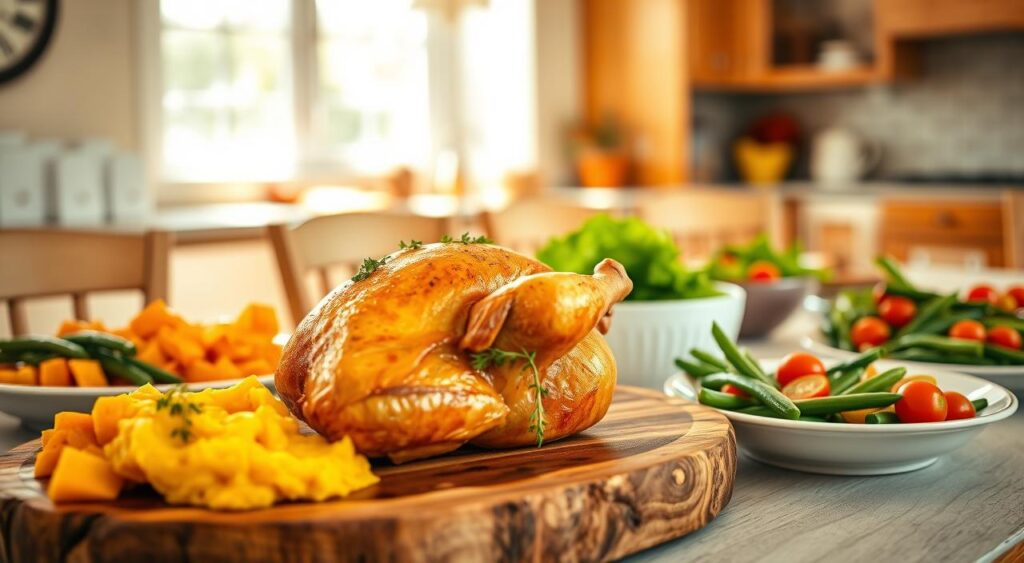 A beautifully arranged table featuring a succulent roasted chicken accompanied by vibrant sweet potatoes and a selection of colorful side dishes. In the foreground, a golden-brown chicken sits atop a rustic wooden platter, garnished with fresh herbs. The middle ground showcases a variety of delectable sides like creamy mashed sweet potatoes, crispy green beans, and a fresh salad with cherry tomatoes. The background features a softly lit kitchen with warm tones and cozy decor, enhancing the inviting atmosphere of a home-cooked meal. Natural light streams through a window, casting gentle shadows, and creating a warm, inviting ambiance. The overall mood is comforting and welcoming, perfect for a family gathering.