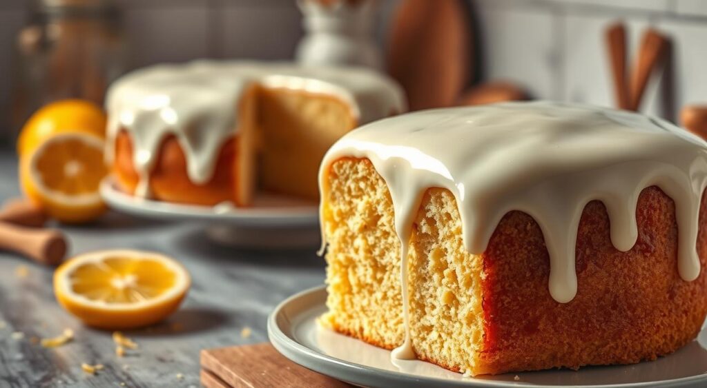 A beautifully crafted lemon cake topped with a rich, glossy condensed milk frosting that glistens under soft, warm lighting. In the foreground, the cake showcases a perfectly smooth, dripping layer of white frosting, highlighting its creamy texture. To the side, a slice of the cake reveals its moist, fluffy interior, with hints of lemon zest peeking through. The middle ground features a simple, elegant plate and a few scattered lemon slices to enhance the citrus theme. In the background, a soft-focus kitchen setting creates a cozy atmosphere, with hints of baking tools and warm wooden elements, suggesting a homey vibe. The overall mood should evoke warmth and indulgence, inviting viewers to imagine the delightful taste.