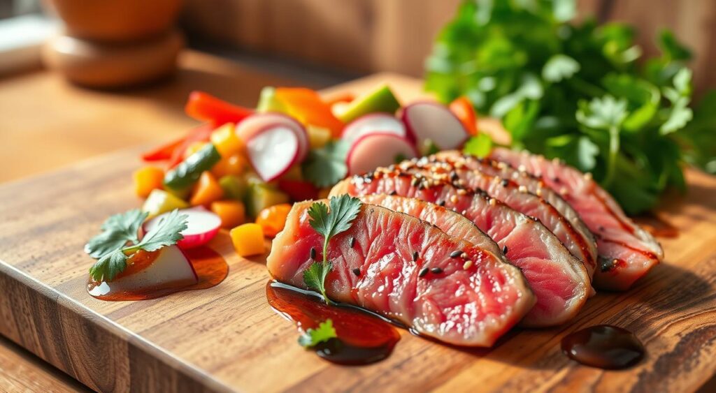 A beautifully plated serving of seared ahi tuna, showcasing perfectly cooked, vibrant pink slices against a rustic wooden cutting board. In the foreground, the tuna is accentuated by a drizzle of rich soy sauce and a sprinkle of sesame seeds, with fresh cilantro leaves for garnish. The middle ground features colorful, finely diced vegetables such as bell peppers, avocados, and radishes, artistically arranged to enhance the dish’s appeal. In the background, a softly blurred kitchen setting adds warmth with natural wood tones and hints of bright green herbs. The lighting is bright and natural, casting gentle shadows that highlight the textures of the fish and vegetables, evoking a fresh, inviting atmosphere suitable for culinary inspiration. The overall mood is vibrant and appetizing, inviting viewers to explore cooking techniques and safety in food preparation.