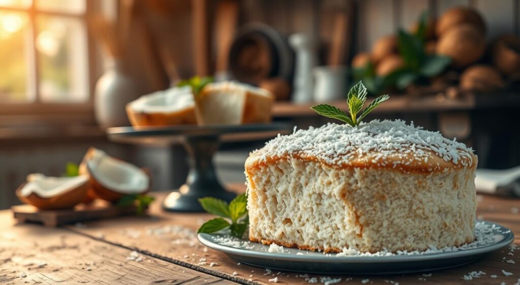 A beautifully styled kitchen setting bathed in soft, warm natural light, showcasing a freshly baked coconut cake on a rustic wooden table. In the foreground, a close-up of the moist, fluffy texture of the cake, adorned with a delicate dusting of powdered sugar and garnished with coconut flakes and fresh mint leaves. The middle ground features a vintage cake stand and a few slices of the cake, revealing its light, airy crumb. In the background, soft focus on an array of kitchen utensils and a bowl filled with coconuts, adding to the tropical theme. The atmosphere is inviting and cozy, evoking the joy of baking and the comfort of home.