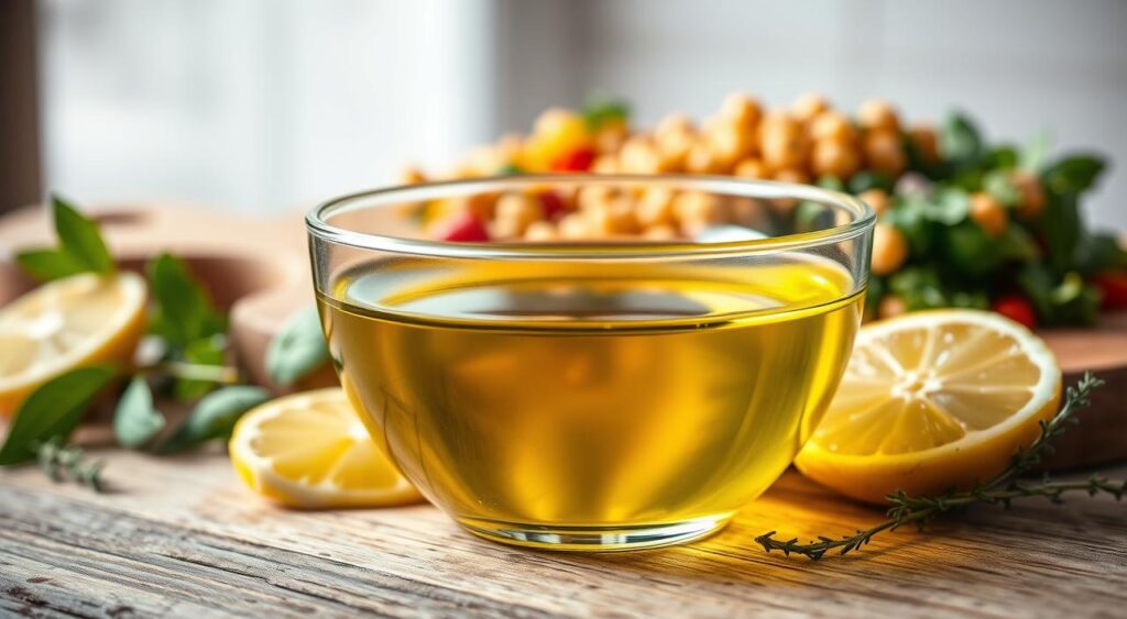 A close-up of a glass bowl filled with golden extra virgin olive oil, glistening under soft, natural light. The bowl is surrounded by fresh, sliced lemons and sprigs of aromatic herbs like basil and thyme, highlighting the ingredients of a classic salad dressing. In the background, a wooden cutting board displays a colorful assortment of diced vegetables, symbolizing a healthy chickpea salad. The setting is rustic, with a warm, inviting atmosphere created by gentle overhead lighting. A slight blur enhances the foreground focus on the bowl of olive oil, emphasizing its richness and texture. The overall mood evokes freshness and culinary artistry, perfect for a recipe illustration. A close-up of a glass bowl filled with golden extra virgin olive oil, glistening under soft, natural light. The bowl is surrounded by fresh, sliced lemons and sprigs of aromatic herbs like basil and thyme, highlighting the ingredients of a classic salad dressing. In the background, a wooden cutting board displays a colorful assortment of diced vegetables, symbolizing a healthy chickpea salad. The setting is rustic, with a warm, inviting atmosphere created by gentle overhead lighting. A slight blur enhances the foreground focus on the bowl of olive oil, emphasizing its richness and texture. The overall mood evokes freshness and culinary artistry, perfect for a recipe illustration.