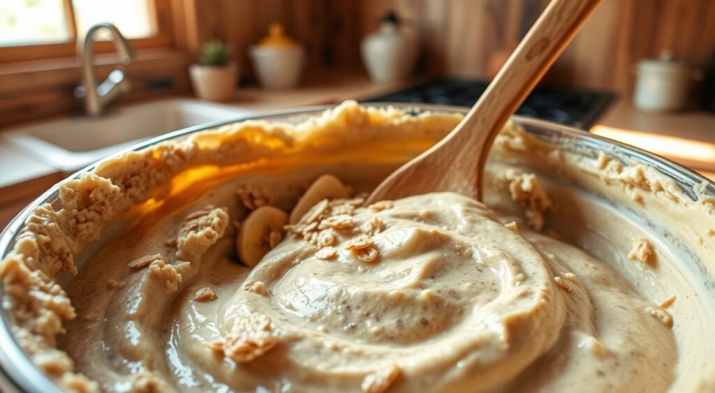 A close-up shot of a bowl filled with a thick, creamy mixture for oatmeal banana cookies, showcasing a perfectly blended batter. The foreground captures the glossy, smooth surface of the dough with visible banana chunks and rolled oats peeking through. In the middle, display a wooden spoon resting against the bowl, sprinkled with a few oats and banana slices for texture. The background features a warm, sunlit kitchen setting with rustic wooden countertops and soft natural light illuminating the scene, creating a cozy atmosphere. The image should evoke a sense of homeliness and delicious anticipation, ideal for baking enthusiasts exploring texture and crunch in their recipes.