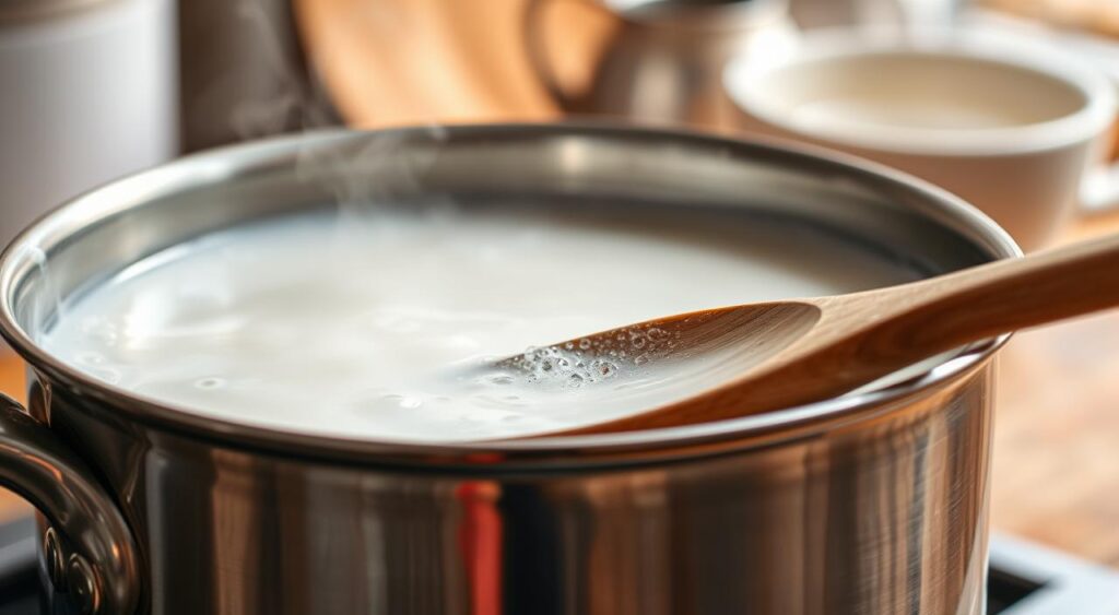 A close-up shot of a stainless-steel saucepan filled with boiling milk, emphasizing the moment just before it begins to overflow. The surface of the milk creates delicate bubbles, showing its heat and movement. In the foreground, a wooden spoon rests lightly on the edge of the saucepan, symbolizing the A close-up shot of a stainless-steel saucepan filled with boiling milk, emphasizing the moment just before it begins to overflow. The surface of the milk creates delicate bubbles, showing its heat and movement. In the foreground, a wooden spoon rests lightly on the edge of the saucepan, symbolizing the