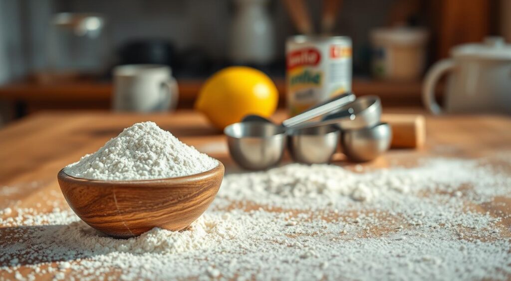 A close-up view of a wooden kitchen table covered with fine wheat flour, 