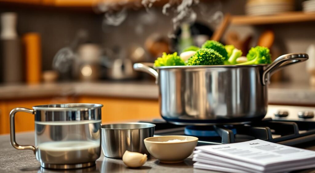 A cooking scene featuring a pot of vibrant green broccoli and garlic simmering on a stove. In the foreground, a stainless steel measuring cup filled with water, a small bowl of sea salt, and a neatly arranged stack of recipe cards. The middle ground showcases the simmering pot on a gas stove, with steam rising and the aroma of garlic wafting in the air. In the background, a cozy kitchen with soft, warm lighting and wooden cabinets, enhancing the inviting atmosphere. Prepare this image with a focus on natural lighting that highlights the freshness of the ingredients, while maintaining a shallow depth of field to draw attention to the foreground elements, creating a serene and homely mood for quick dinner preparations.