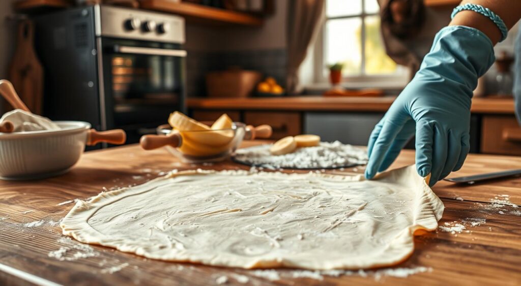 A cozy kitchen scene showcasing the process of defrosting puff pastry. In the foreground, a wooden countertop with a sheet of puff pastry laid out, slightly thawed and with delicate layers visible. A pair of hands wearing light blue kitchen gloves gently unfold the pastry. In the middle ground, a bowl filled with fresh banana slices sprinkled with sugar sits nearby, alongside a rolling pin and flour dusting the surface. The background features a warm oven preheating and a window with soft morning light filtering through, creating a cheerful atmosphere. The mood is inviting and homey, emphasizing the preparation for a delicious banana tart. Use soft, natural lighting to enhance the warmth of the kitchen.