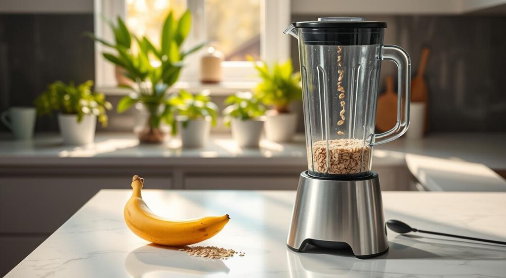 A modern kitchen setting featuring a sleek, stainless steel blender on a marble countertop. In the foreground, a vibrant banana and oats being poured into the blender, showcasing fresh ingredients ready for smoothie preparation. Soft, natural lighting brightens the scene, highlighting the blending process. The background includes green plants on a windowsill, creating a fresh atmosphere. A sunlit window filters in golden rays, giving the image a warm and inviting feel. Capture the essence of healthy living and culinary creativity, portraying an inviting space ideal for anyone preparing a nutritious smoothie step by step. No text or watermarks should be present.