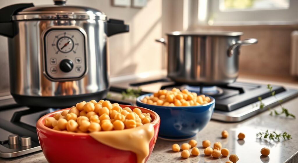 A modern kitchen setting with a close-up view of a pressure cooker on a stove, showcasing its shiny metallic surface and pressure gauge. In the foreground, a colorful bowl of freshly cooked chickpeas spills slightly over the edge, demonstrating the softness of the grains after cooking. The middle ground features a pot of simmering water on a conventional stove, contrasting the two cooking methods. Soft, natural light filters through a nearby window, creating a warm and inviting atmosphere. A few sprigs of fresh herbs and a handful of chickpeas scattered on the countertop add a touch of freshness. The composition captures a moment of culinary preparation, emphasizing the ease and efficiency of using a pressure cooker for chickpeas. A modern kitchen setting with a close-up view of a pressure cooker on a stove, showcasing its shiny metallic surface and pressure gauge. In the foreground, a colorful bowl of freshly cooked chickpeas spills slightly over the edge, demonstrating the softness of the grains after cooking. The middle ground features a pot of simmering water on a conventional stove, contrasting the two cooking methods. Soft, natural light filters through a nearby window, creating a warm and inviting atmosphere. A few sprigs of fresh herbs and a handful of chickpeas scattered on the countertop add a touch of freshness. The composition captures a moment of culinary preparation, emphasizing the ease and efficiency of using a pressure cooker for chickpeas.