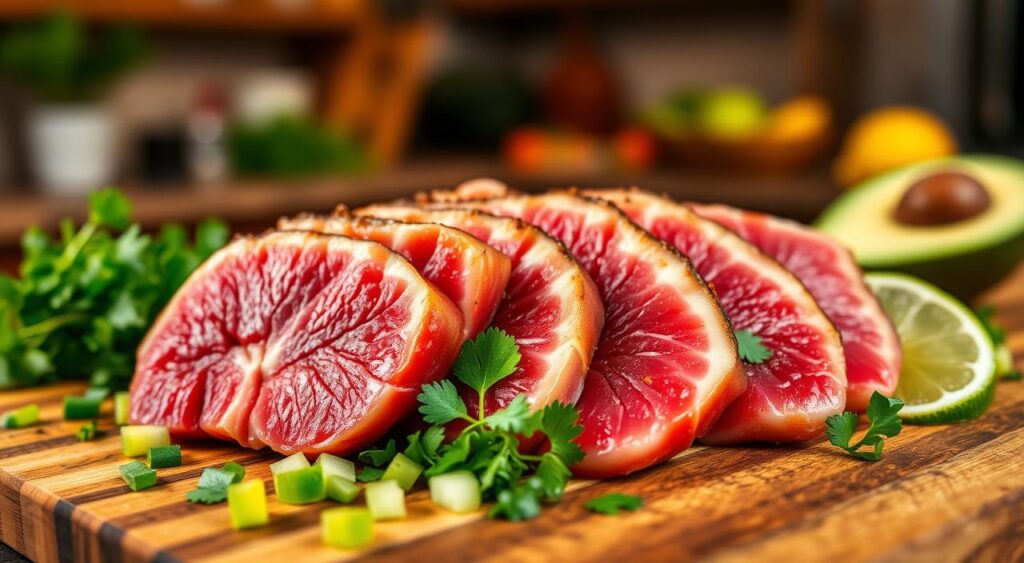 A stunning close-up of premium ahi tuna slices, rich in deep red and marbled with hints of white fat, artfully arranged on a vibrant wooden cutting board. Surrounding the tuna, fresh, colorful vegetables such as diced avocados, finely chopped cilantro, and juicy lime wedges burst with color, creating a visually appealing contrast. The background features a softly blurred kitchen setting with warm, natural lighting that highlights the freshness of the ingredients. The scene conveys an inviting, gourmet atmosphere, suggesting a sophisticated culinary experience. Capture the image at a slightly elevated angle to emphasize the textures and the vibrant colors of the tuna and vegetables, evoking a sense of freshness and creativity perfect for elevated tuna tacos.
