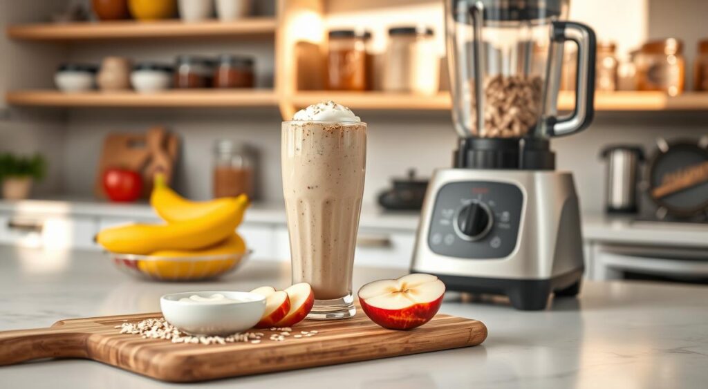 A stylish kitchen countertop showcasing a delicious banana and oatmeal smoothie in a clear glass, garnished with slices of apple and a dollop of yogurt on top. In the foreground, a wooden cutting board displays fresh bananas, oats, and a half-cut red apple next to a small bowl of yogurt. The middle ground features a sleek blender with ingredients peeking out, reflecting the notion of health and nutrition. The background reveals bright kitchen shelves with neatly arranged jars of honey and grains, bathed in warm, natural lighting. The atmosphere is fresh and inviting, highlighting a healthy lifestyle. The angle is slightly above eye level, capturing the vibrant colors and textures clearly without any text or branding.