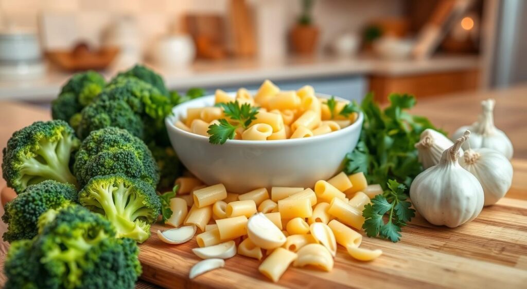 A vibrant arrangement of ingredients for a delicious pasta dish featuring broccoli and garlic. In the foreground, fresh green broccoli florets and minced garlic cloves scattered around a wooden cutting board. In the middle, a bowl of uncooked macaroni pasta, glistening with a touch of olive oil, surrounded by sprigs of fresh parsley. In the background, a softly blurred kitchen scene with warm, ambient lighting, suggesting a cozy cooking environment. The angle is slightly top-down to emphasize the texture of the ingredients, creating an appetizing and inviting atmosphere. The overall mood is homely and fresh, perfect for illustrating a simple yet delightful dinner recipe. No text or watermarks present.
