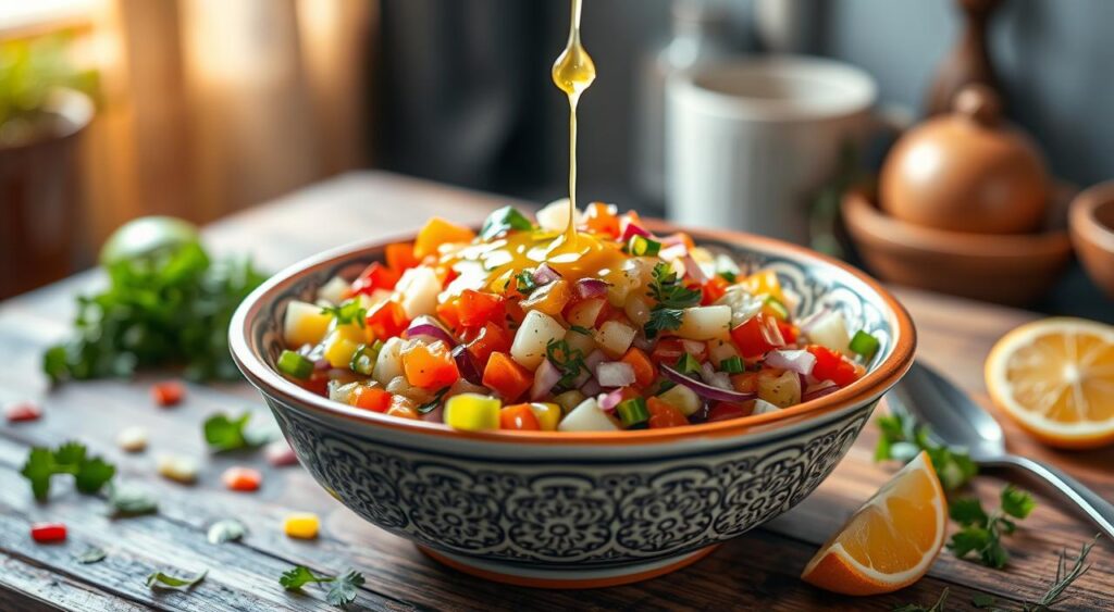 A vibrant bowl of molho cítrico, featuring a zesty citrus dressing with fresh lime, orange, and lemon zest, drizzled over a colorful medley of chopped vegetables including finely diced bell peppers, crunchy cucumbers, and red onions. The bowl should be ceramic, with an intricate design, placed on a rustic wooden table. Surrounding the bowl, scattered ingredients like fresh herbs, citrus slices, and a small spoon should add a touch of detail. The scene is softly lit with natural sunlight cascading from the left, creating gentle highlights on the glossy dressing. A blurred background of a kitchen setting should evoke a warm, welcoming atmosphere, emphasizing the freshness and healthfulness of the dish.