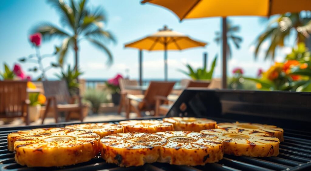 A vibrant outdoor scene featuring grilled pineapple slices sizzling on a barbecue grill. In the foreground, focus on the beautifully caramelized pineapple, with golden-brown grill marks, steam rising and glistening in the sunlight. Sprinkle cinnamon lightly on top, enhancing the tropical feel. In the middle ground, show a cozy patio setting with wooden furniture, lush tropical plants, and a clear blue sky. Background elements include hints of vibrant flowers and a distant palm tree, adding depth to the scene. Soft, natural lighting casts warm reflections on the grill surface, creating an inviting atmosphere. The mood is joyful and relaxed, perfect for a summer gathering. A vibrant outdoor scene featuring grilled pineapple slices sizzling on a barbecue grill. In the foreground, focus on the beautifully caramelized pineapple, with golden-brown grill marks, steam rising and glistening in the sunlight. Sprinkle cinnamon lightly on top, enhancing the tropical feel. In the middle ground, show a cozy patio setting with wooden furniture, lush tropical plants, and a clear blue sky. Background elements include hints of vibrant flowers and a distant palm tree, adding depth to the scene. Soft, natural lighting casts warm reflections on the grill surface, creating an inviting atmosphere. The mood is joyful and relaxed, perfect for a summer gathering.