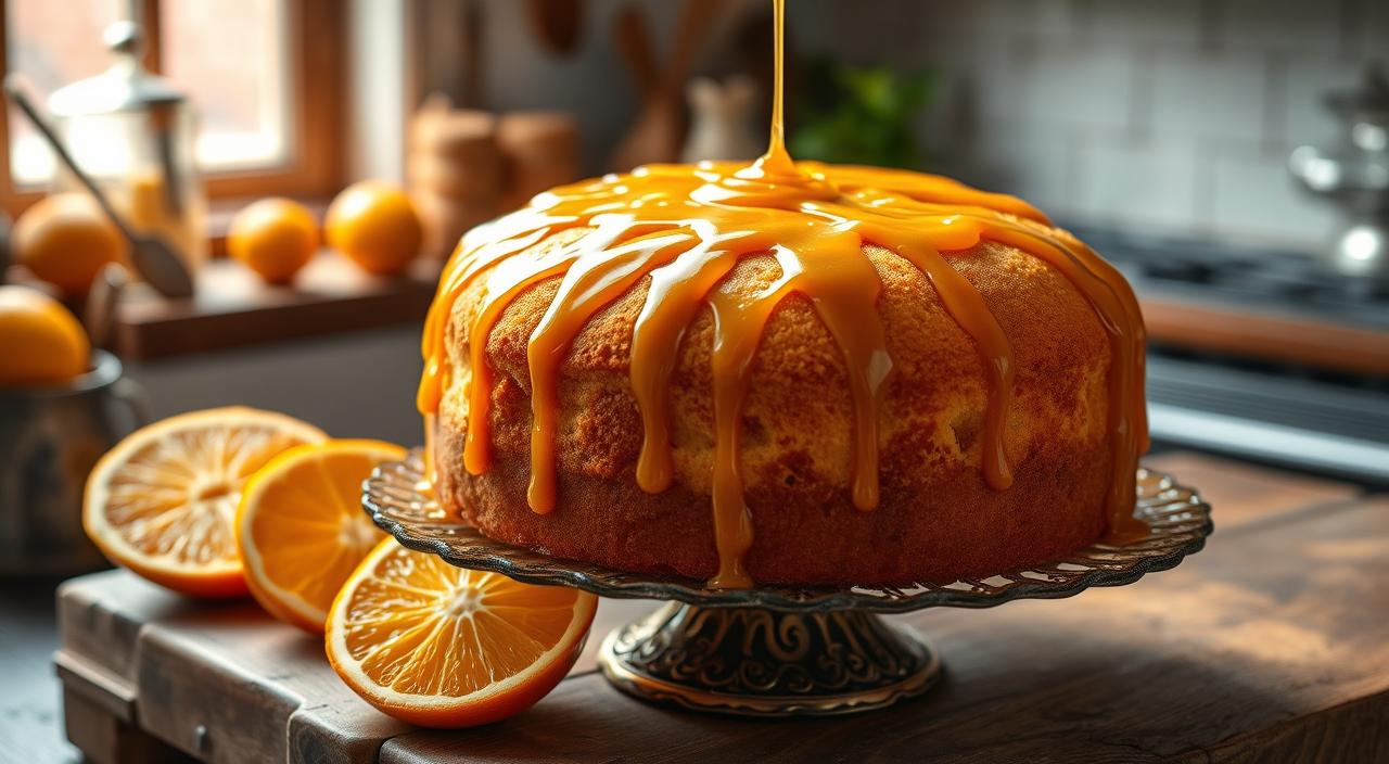 Bolo fofo de laranja com calda de caramelo