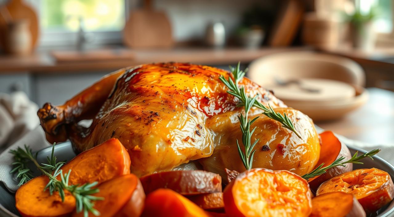 Frango assado com batata-doce