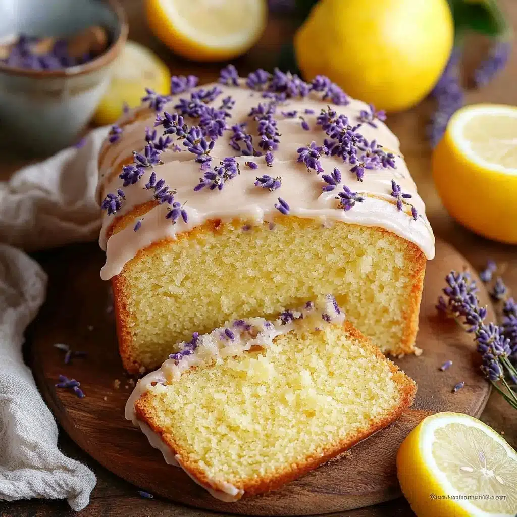 Slice of delicious lemon lavender cake decorated with fresh lavender and lemon zest.