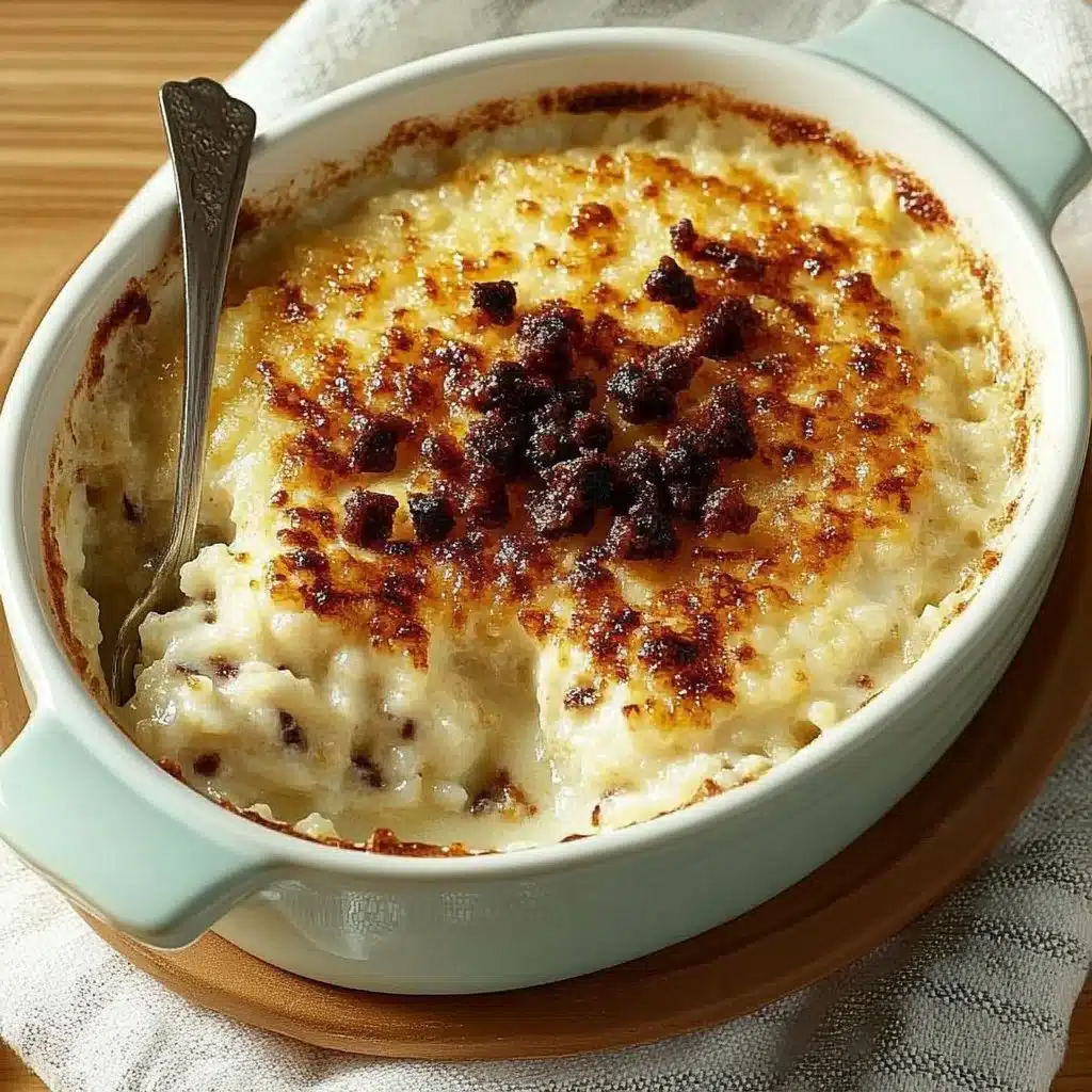 Bowl of creamy baked rice pudding topped with cinnamon and raisins.