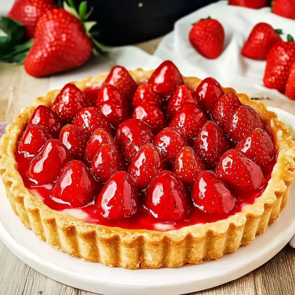 Buttery strawberry tart topped with fresh strawberries and cream